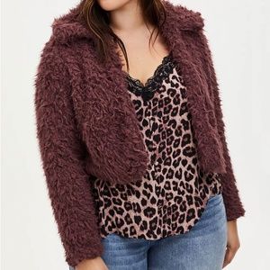 Torrid Rose Brown Faux Fur Open Front Crop Jacket NWOT 1X